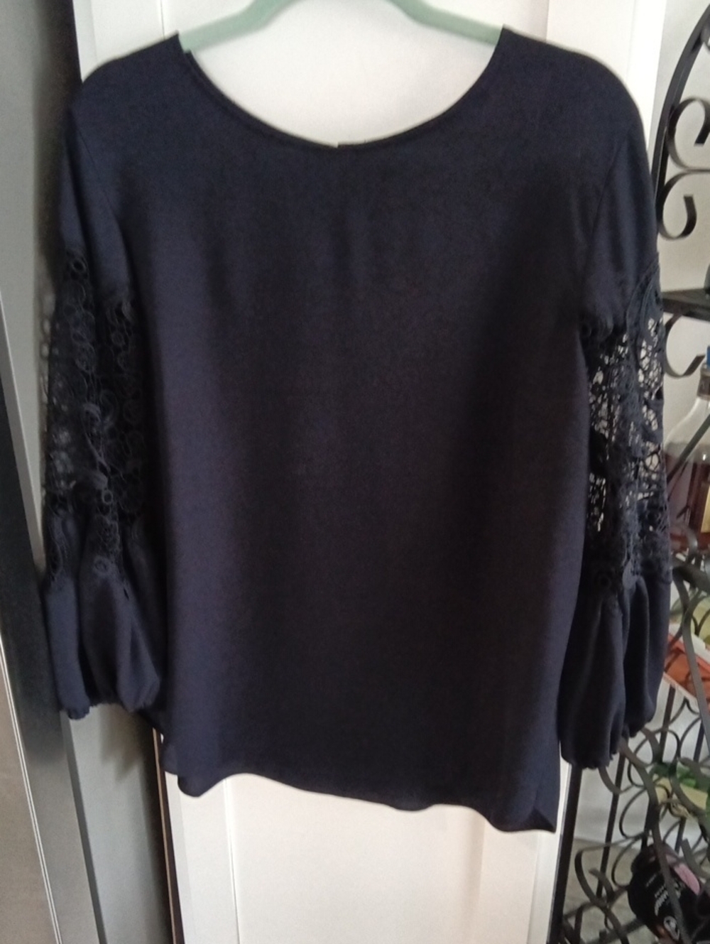 Ann Taylor Navy Lace-Sleeve Blouse